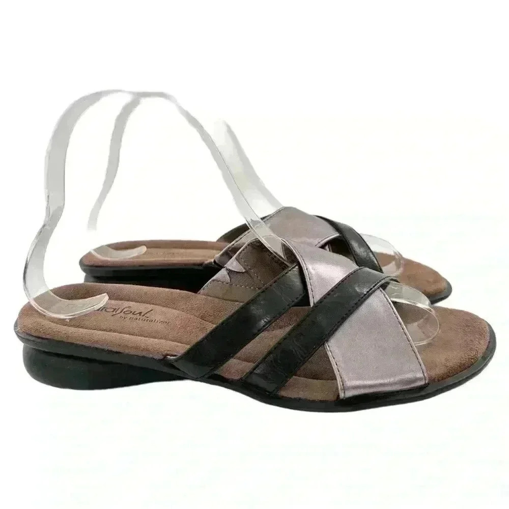 Natural soul by Naturalizer Jimena sandals 7 silver black metallic faux leather